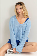 HYFVE V-Neck Stripe Texture Long Sleeve Top - Delanoir