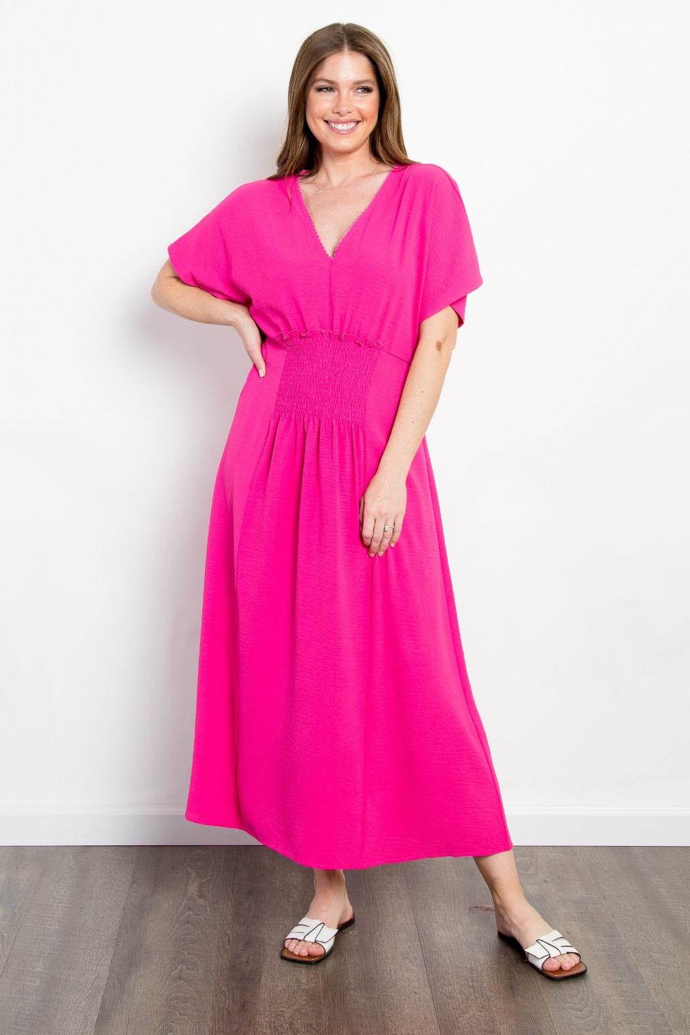 Be Stage Full Size Shirred Front Short Sleeve Maxi Dress - Delanoir
