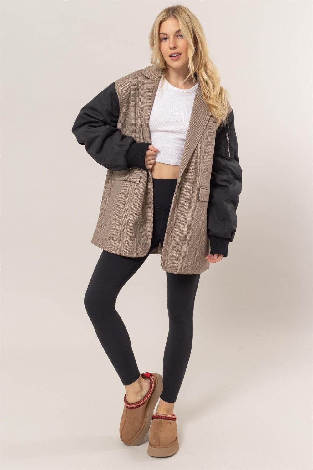 HYFVE Herringbone Mixed Media Contrast Long Sleeve Blazer - Delanoir