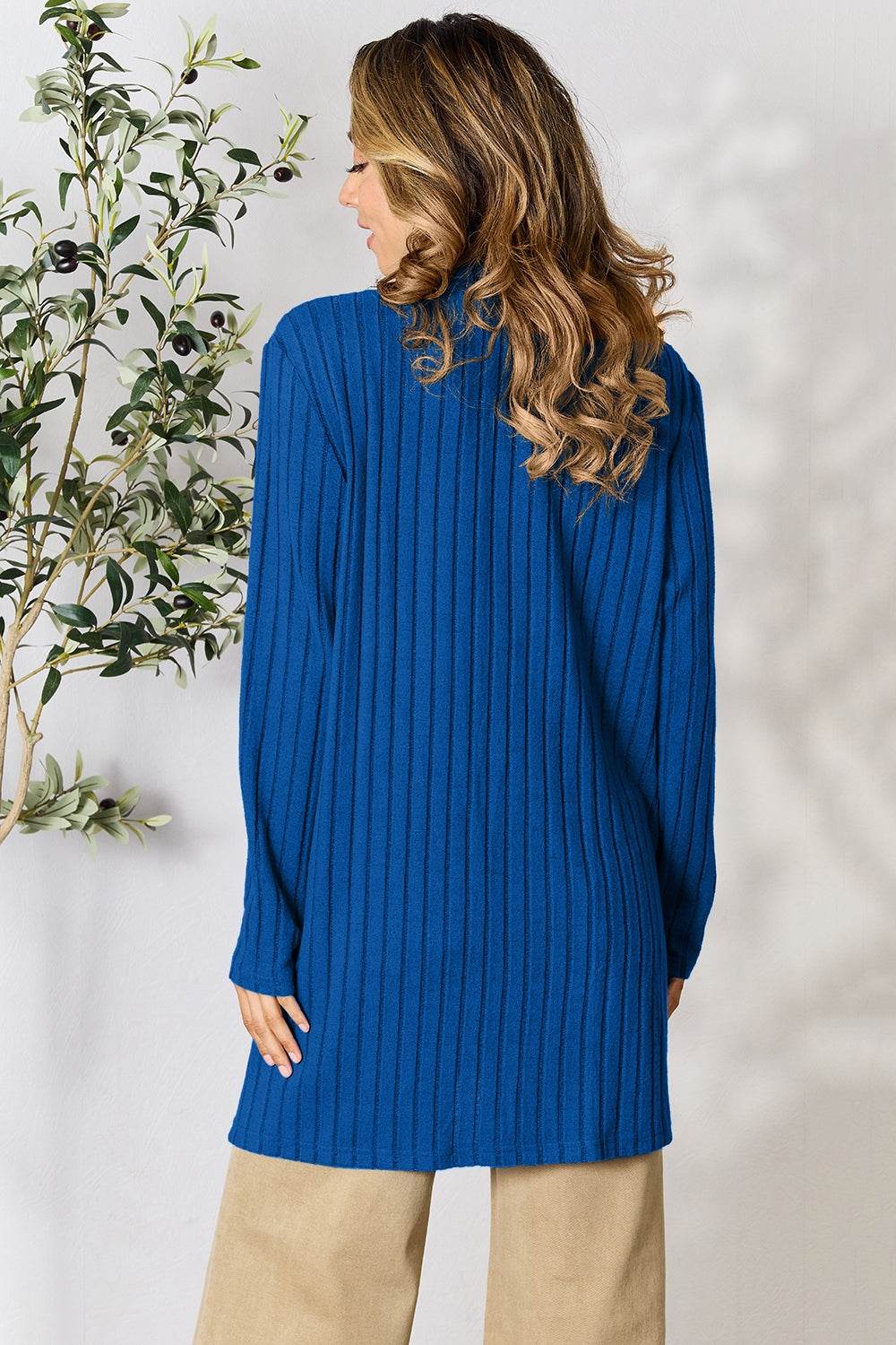 Basic Bae Full Size Ribbed Open Front Cardigan with Pockets - Delanoir