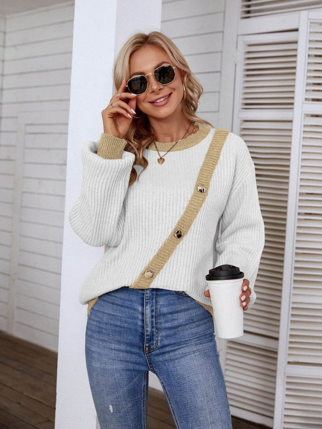 Decorative Button Round Neck Sweater - Delanoir