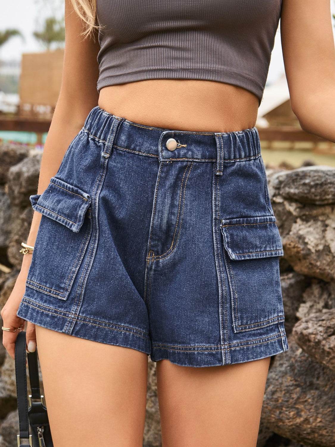 High Waist Denim Shorts with Pockets - Delanoir