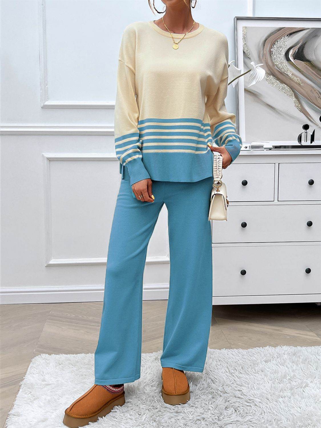 Devine Slit Striped Round Neck Top and Pants Sweater Set - Delanoir