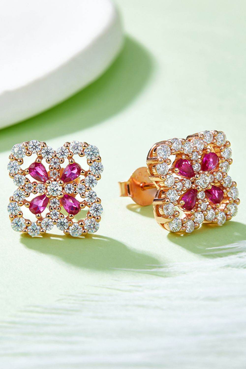 925 Sterling Silver Lab-Grown Ruby Flower Shape Stud Earrings - Delanoir