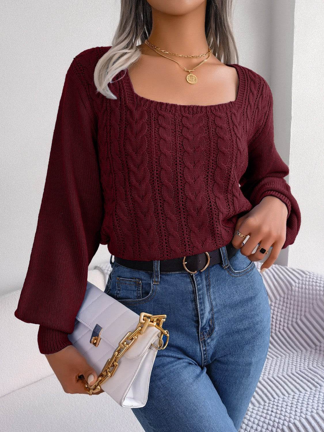 Cable-Knit Square Neck Long Sleeve Sweater - Delanoir