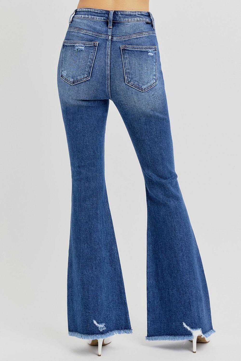 RISEN Full Size High Rise Distressed Raw Hem Flare Jeans - Delanoir
