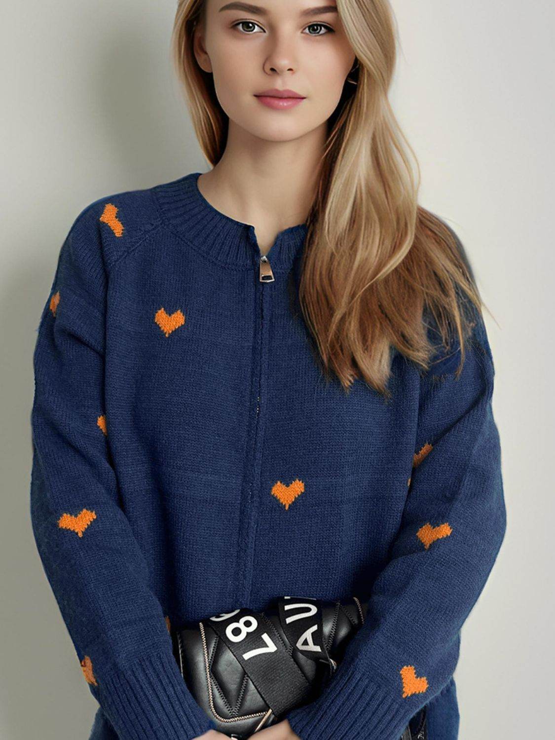Heart Round Neck Zip Up Cardigan - Delanoir