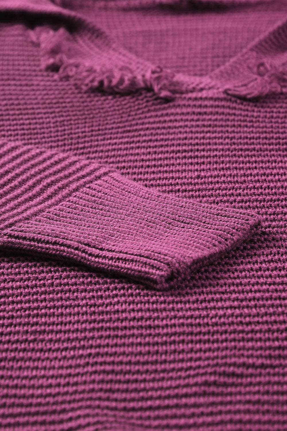 Woven Right Horizontal Ribbing Fringe Trim Hooded Sweater - Delanoir