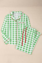Plaid Collared Neck Long Sleeve Top and Pants Set - Delanoir