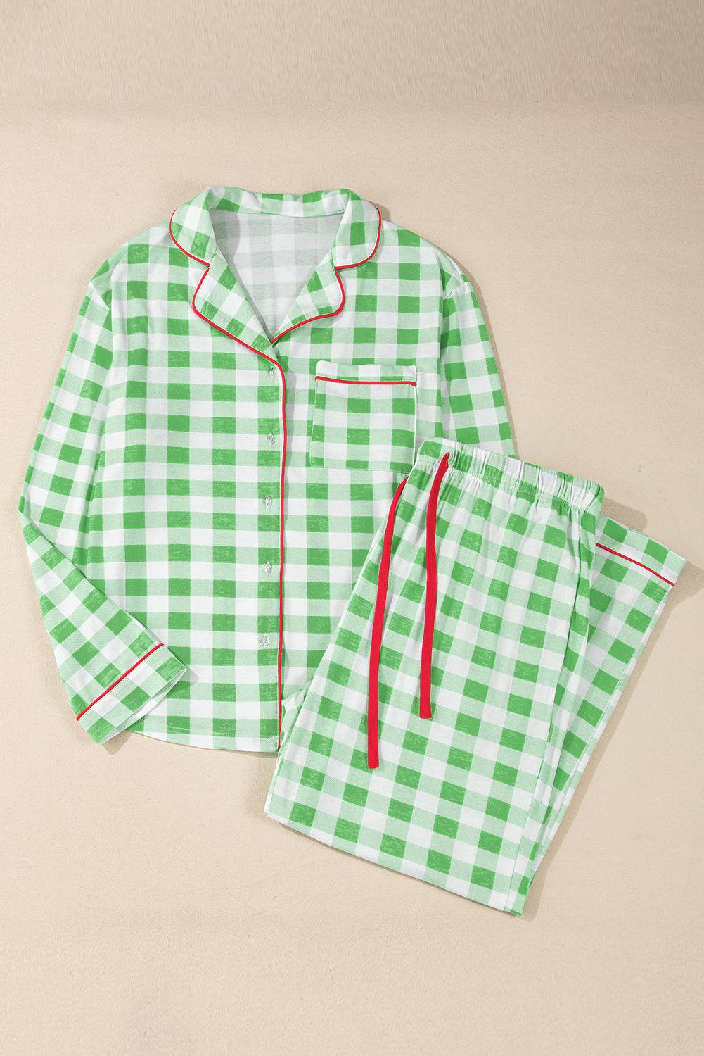 Plaid Collared Neck Long Sleeve Top and Pants Set - Delanoir