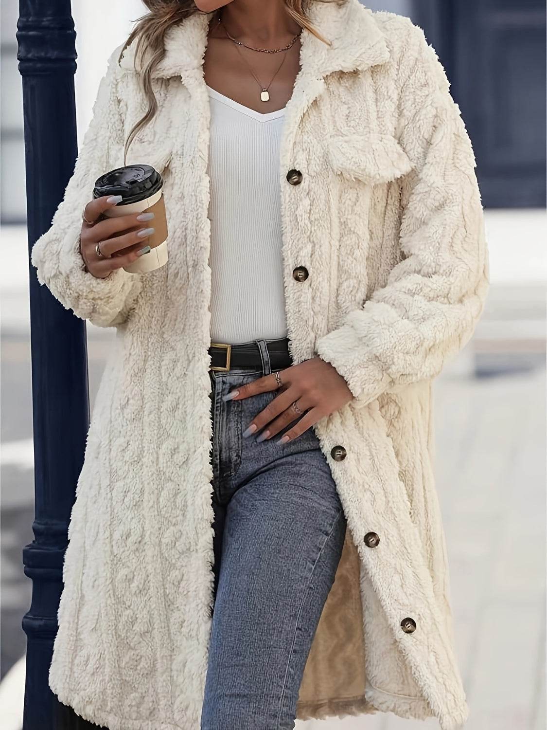 Fuzzy Button Up Long Sleeve Longline Coat - Delanoir