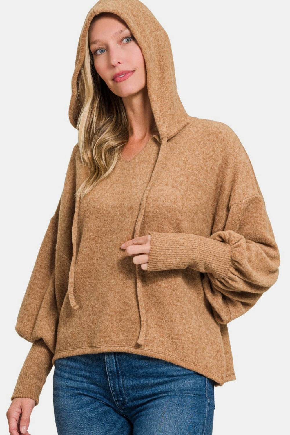 Zenana Brushed Hacci Drop Shoulder Cropped Hoodie - Delanoir