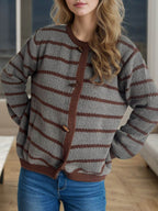 Striped Round Neck Long Sleeve Cardigan - Delanoir