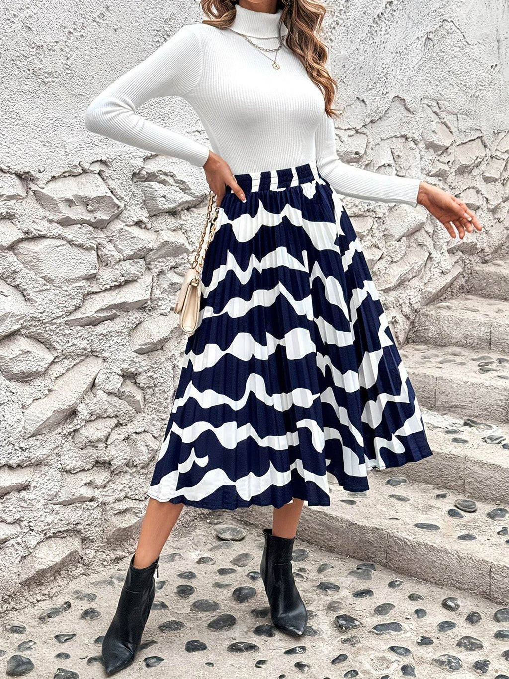 Pleated Printed Elastic Waist Skirt - Delanoir