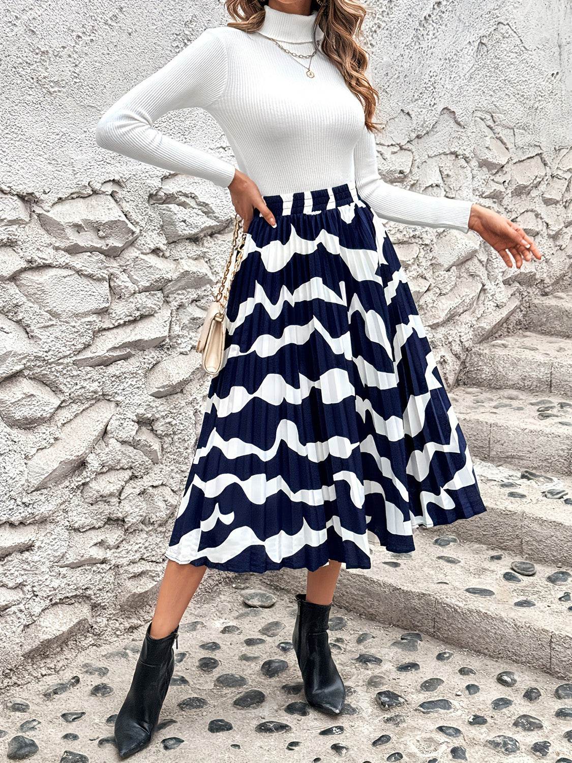 Pleated Printed Elastic Waist Skirt - Delanoir