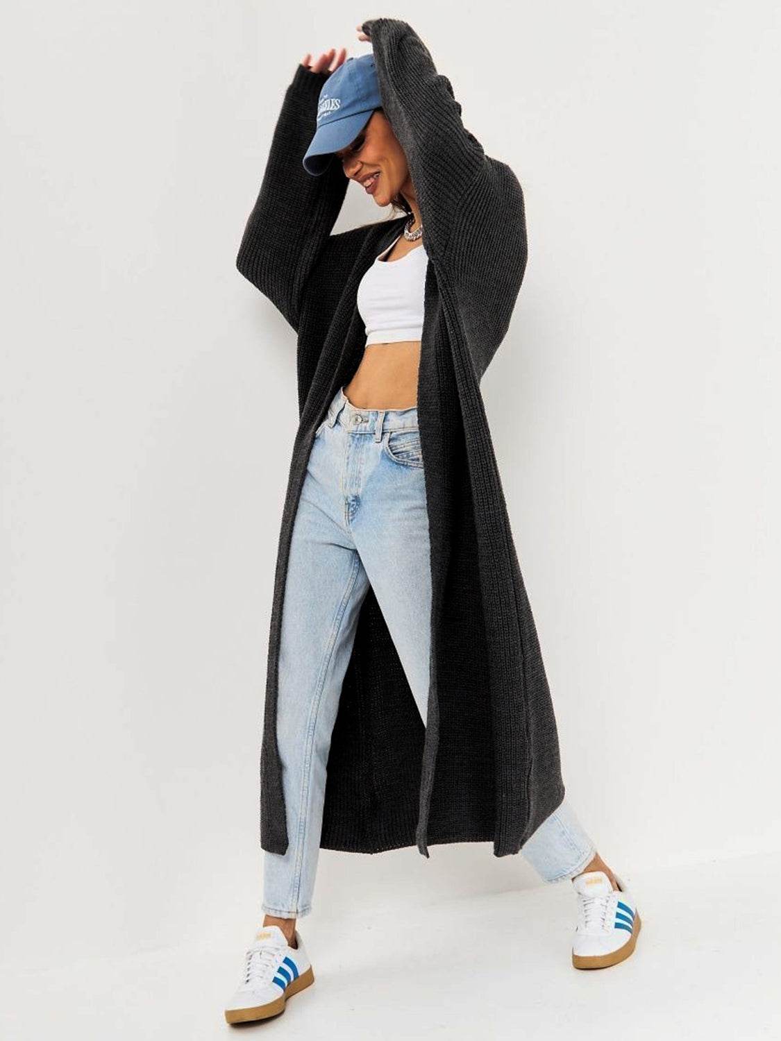 Open Front Long Sleeve Longline Cardigan - Delanoir