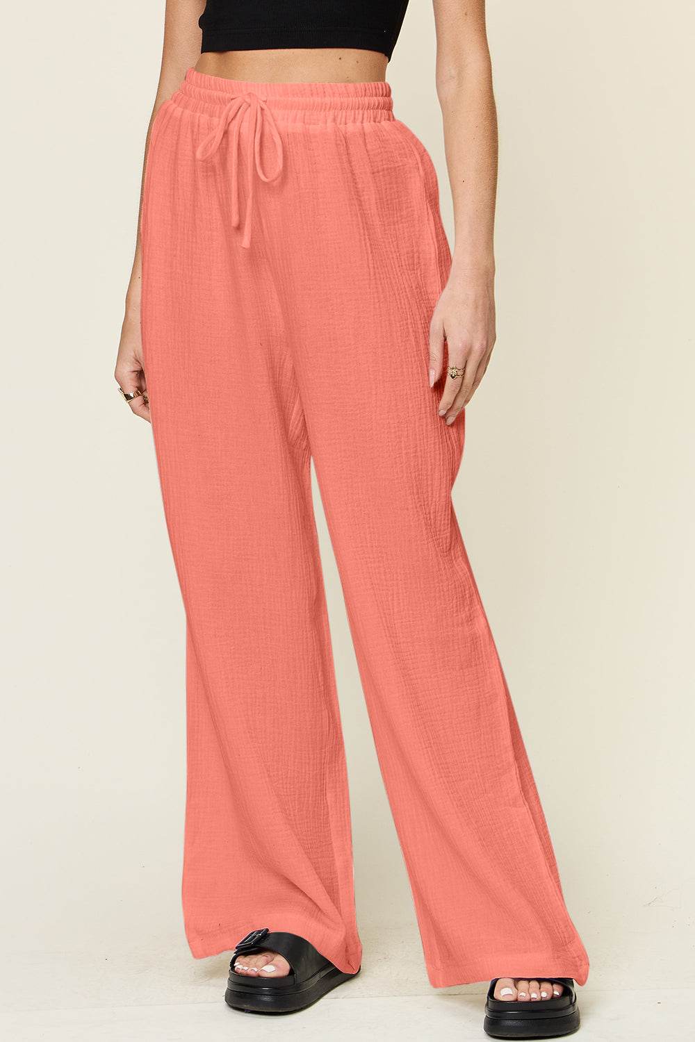 Double Take Full Size Texture Drawstring Wide Leg Pants - Delanoir