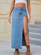 Slit Buttoned Denim Skirt with Pockets - Delanoir