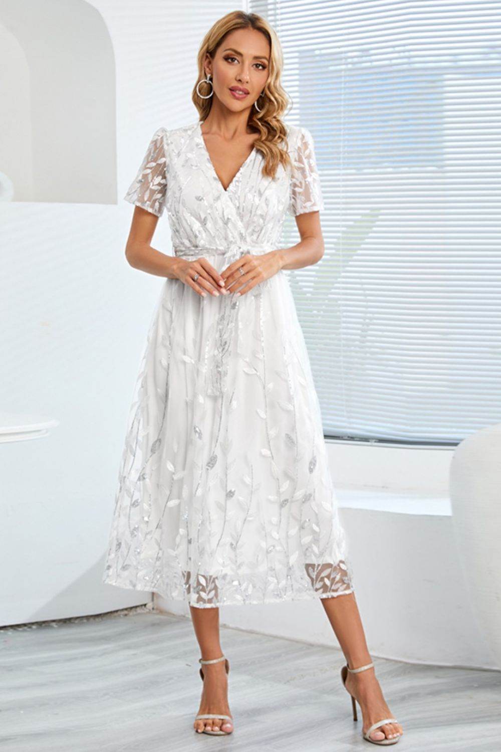 Sequin Leaf Embroidery Tie Front Short Sleeve Dress - Delanoir