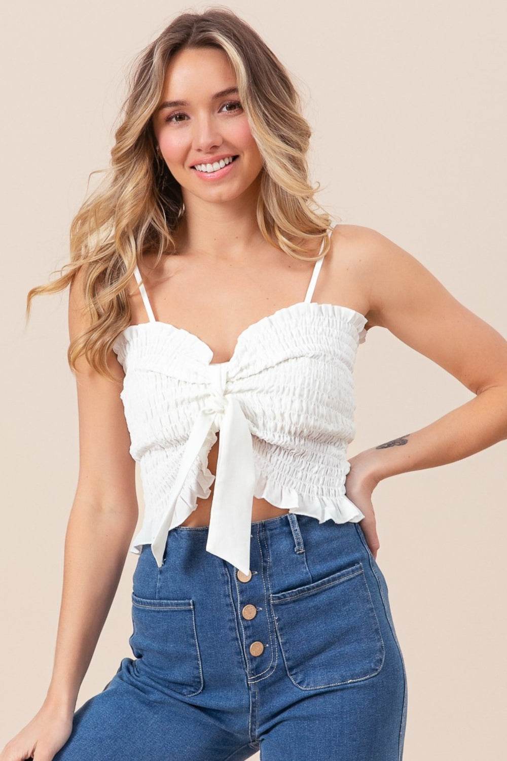 BiBi Ruffled Smocked Ribbon Detail Cami - Delanoir