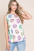 BOMBOM Smiley Face Round Neck Tank - Delanoir