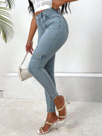 Decorative Buckle Skinny Jeans with Pockets - Delanoir