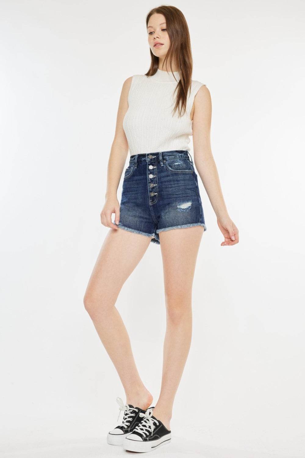 Kancan Raw Hem Button Fly Denim Shorts - Delanoir