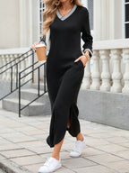 Slit V-Neck Long Sleeve Midi Dress - Delanoir