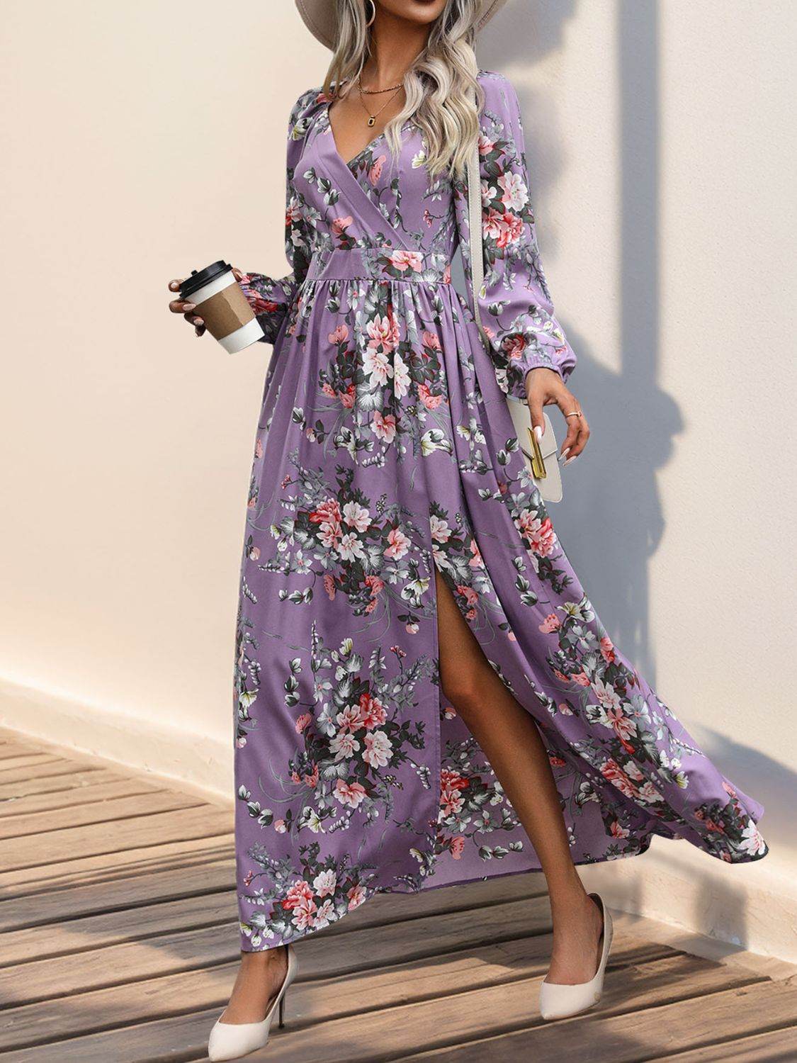 Perfee Slit Printed Surplice Long Sleeve Maxi Dress - Delanoir