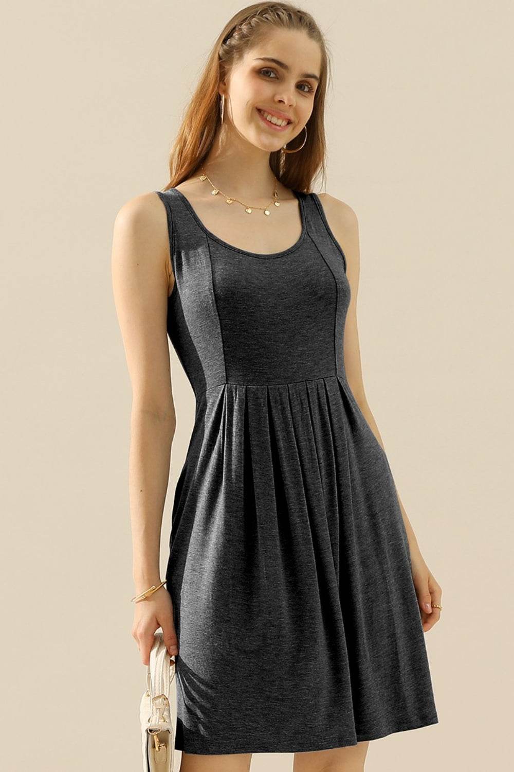 Doublju Full Size Round Neck Ruched Sleeveless Dress with Pockets - Delanoir