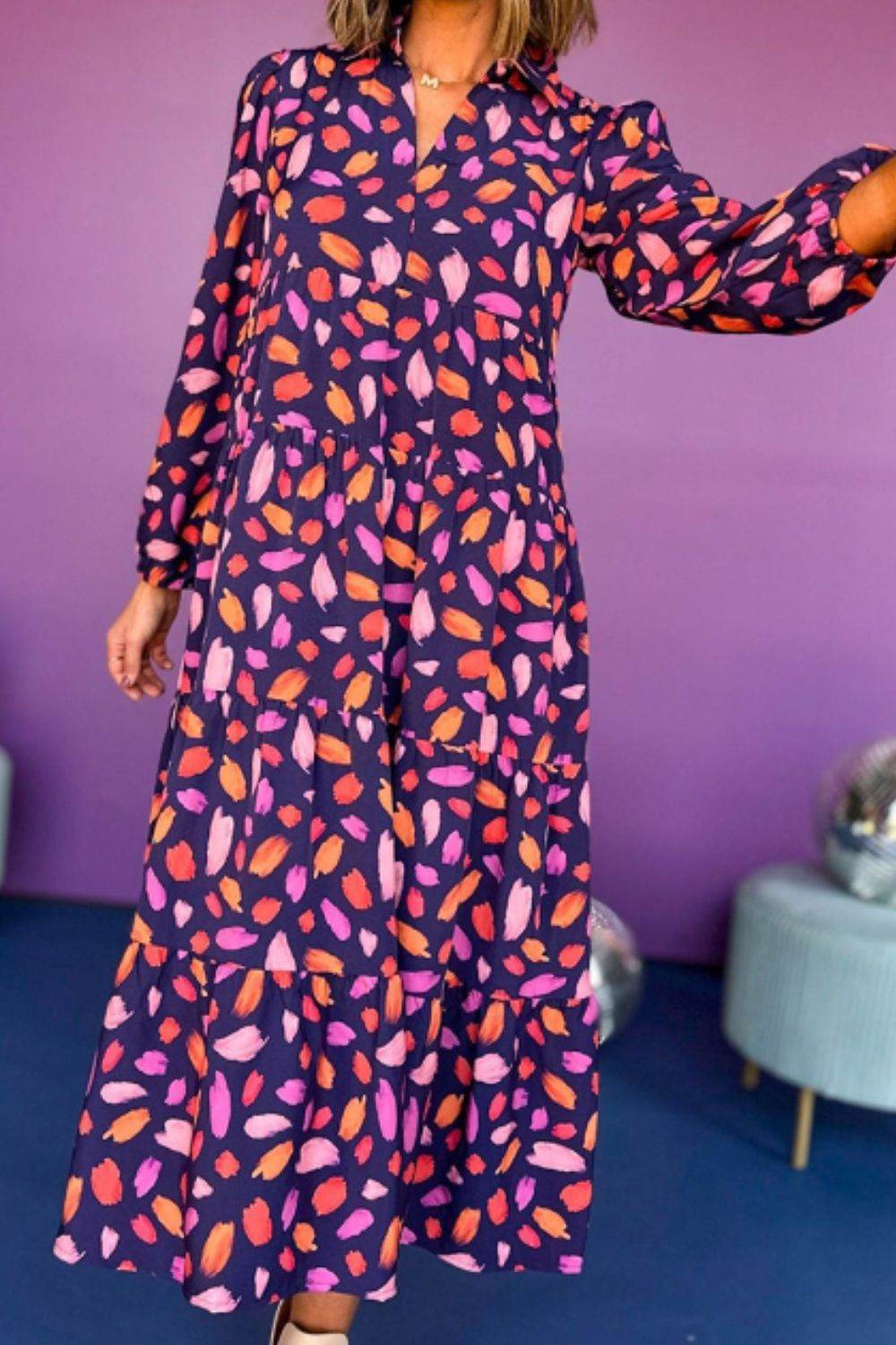 Printed Notched Long Sleeve Dress - Delanoir