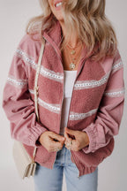 Lace Detail Zip Up Sherpa Patchwork Jacket - Delanoir