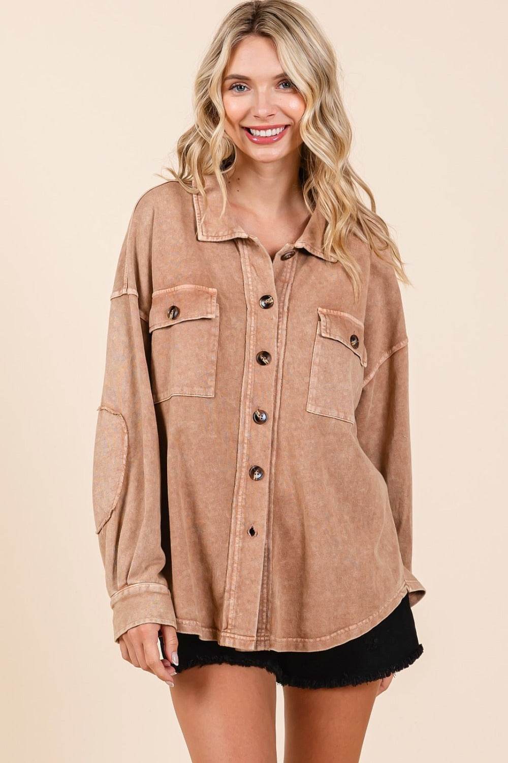 Mittoshop Mineral Wash French Terry Elbow Patch Shacket - Delanoir