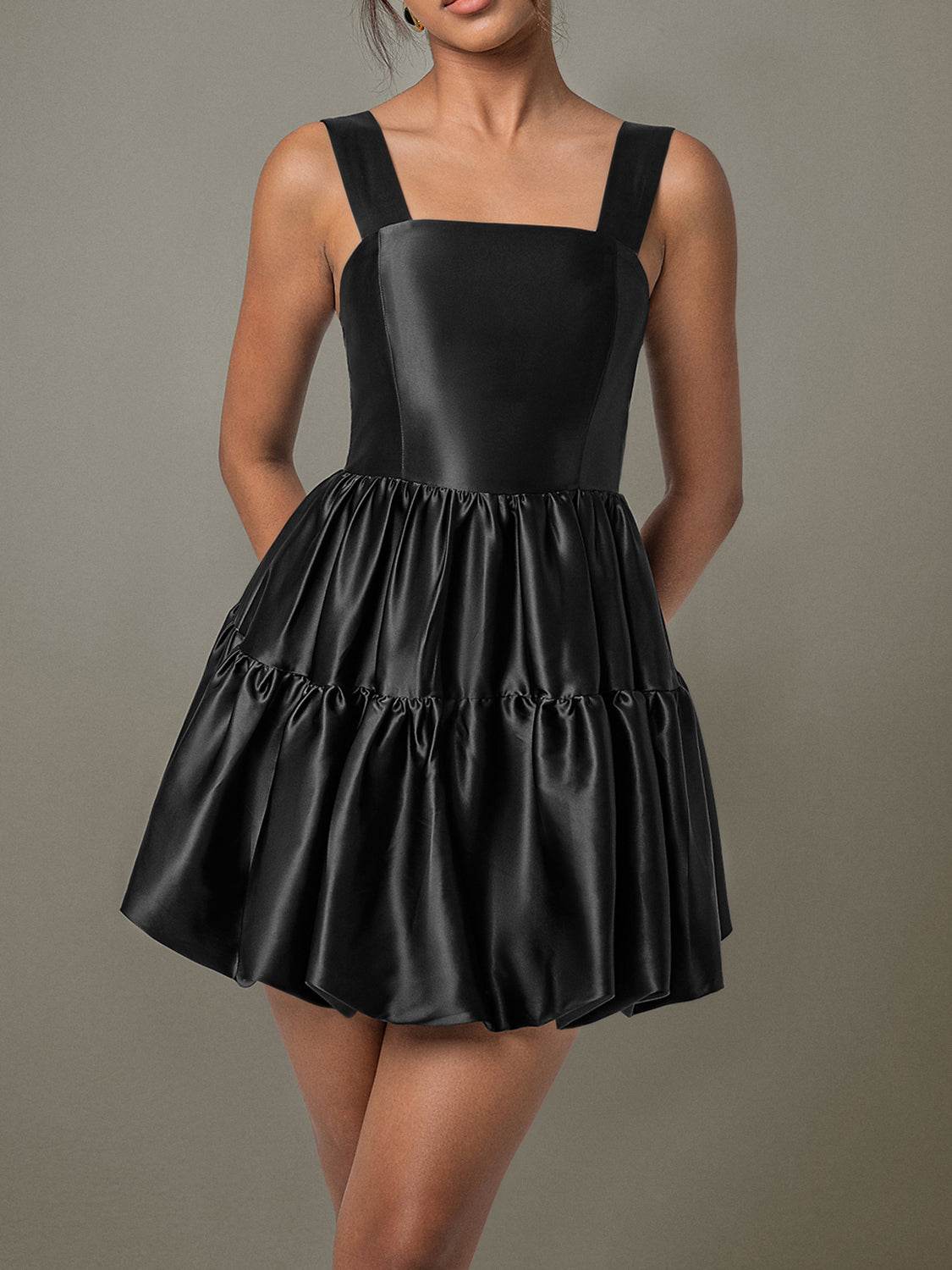 Ruched Square Neck Wide Strap Mini Dress - Delanoir