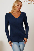 Basic Bae Full Size Ribbed V-Neck Long Sleeve T-Shirt - Delanoir