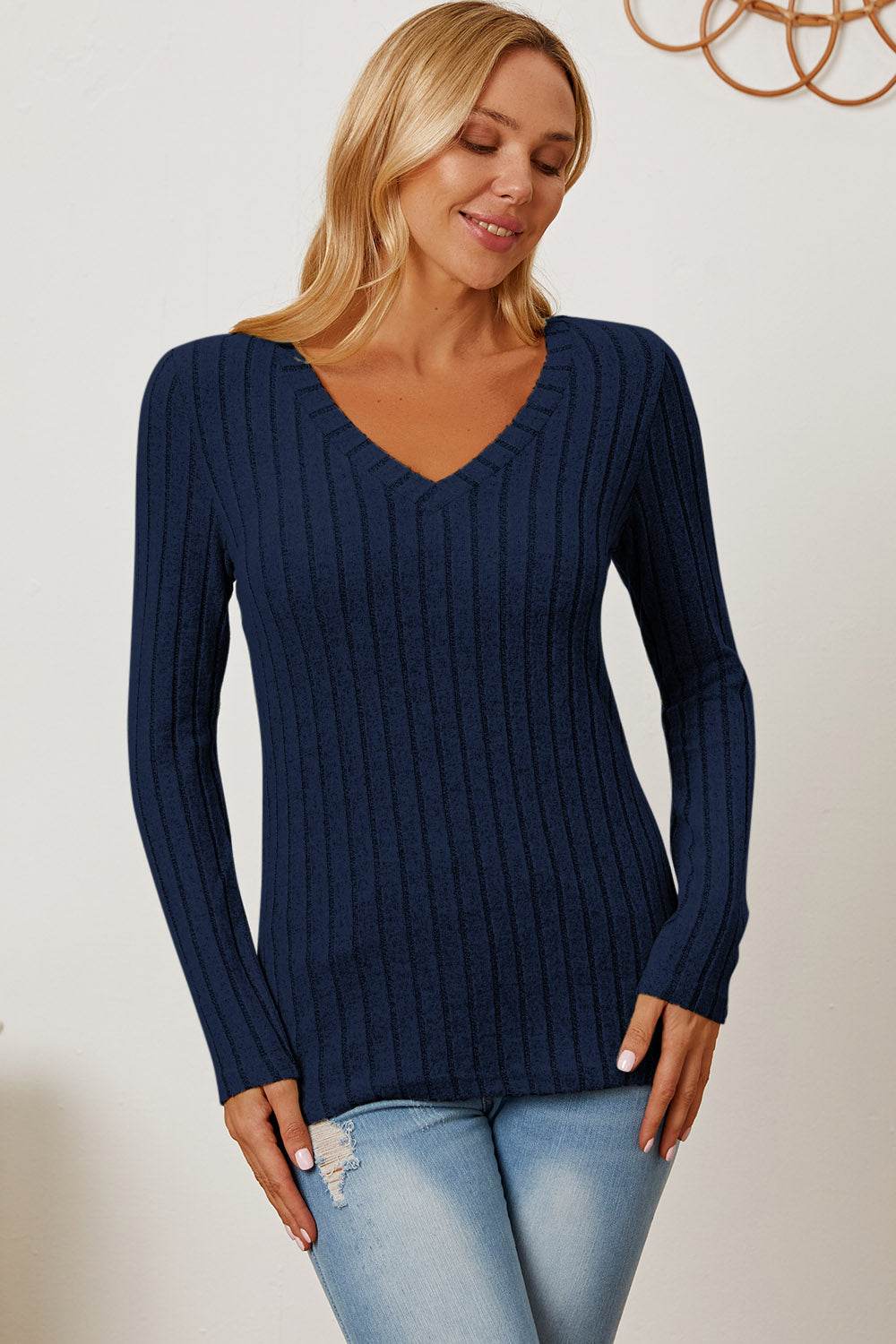 Basic Bae Full Size Ribbed V-Neck Long Sleeve T-Shirt - Delanoir