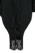 Fringe Detail Long Sleeve Ribbed Poncho - Delanoir