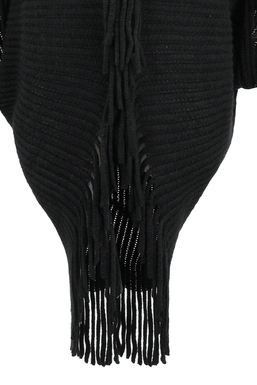 Fringe Detail Long Sleeve Ribbed Poncho - Delanoir