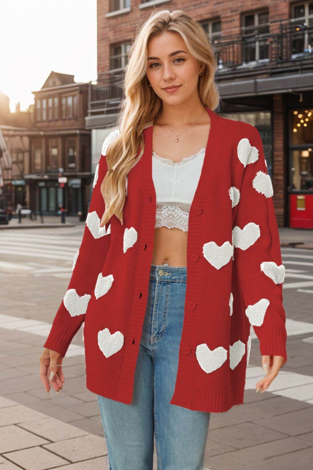 Heart Button Down Long Sleeve Cardigan - Delanoir