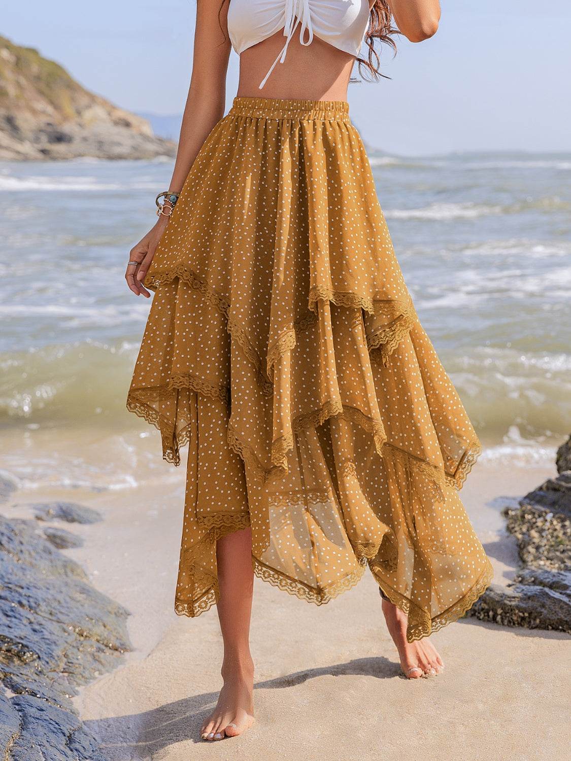 Lace Detail Layered Printed Skirt - Delanoir