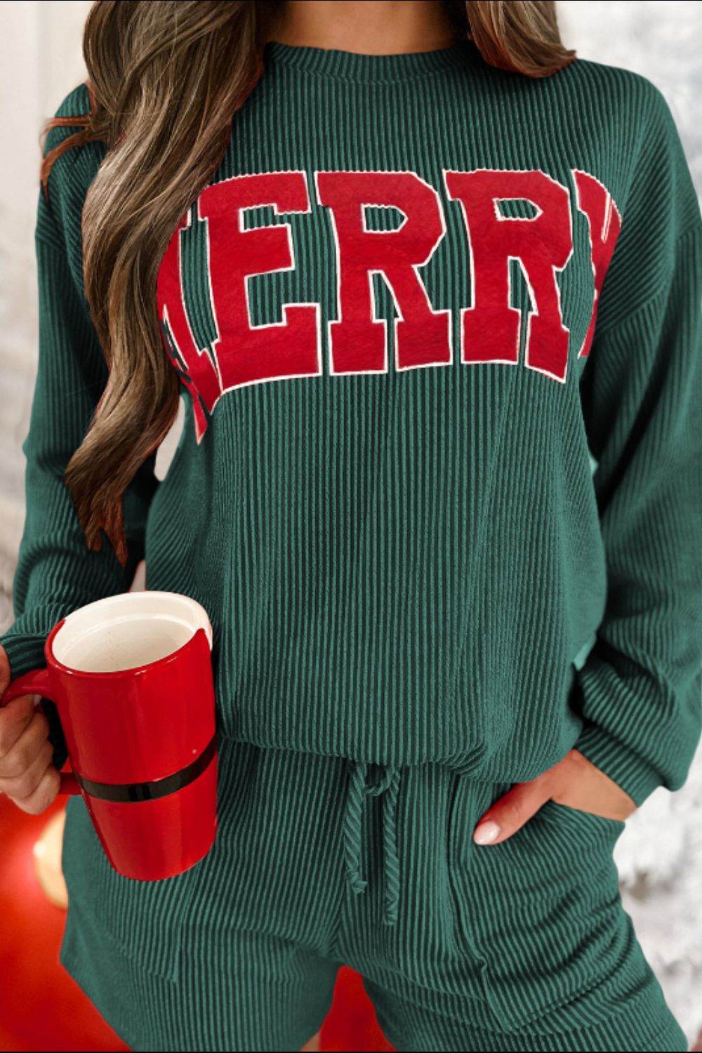 MERRY Round Neck Long Sleeve Top and Shorts Set - Delanoir