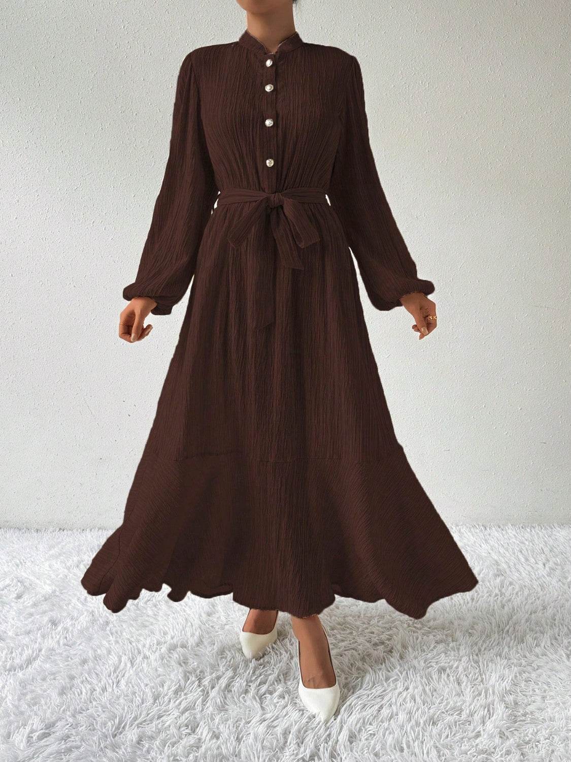 Half Button Tie Waist Long Sleeve Maxi Dress - Delanoir
