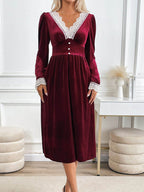 Perfee Lace Detail V-Neck Long Sleeve Midi Dress - Delanoir