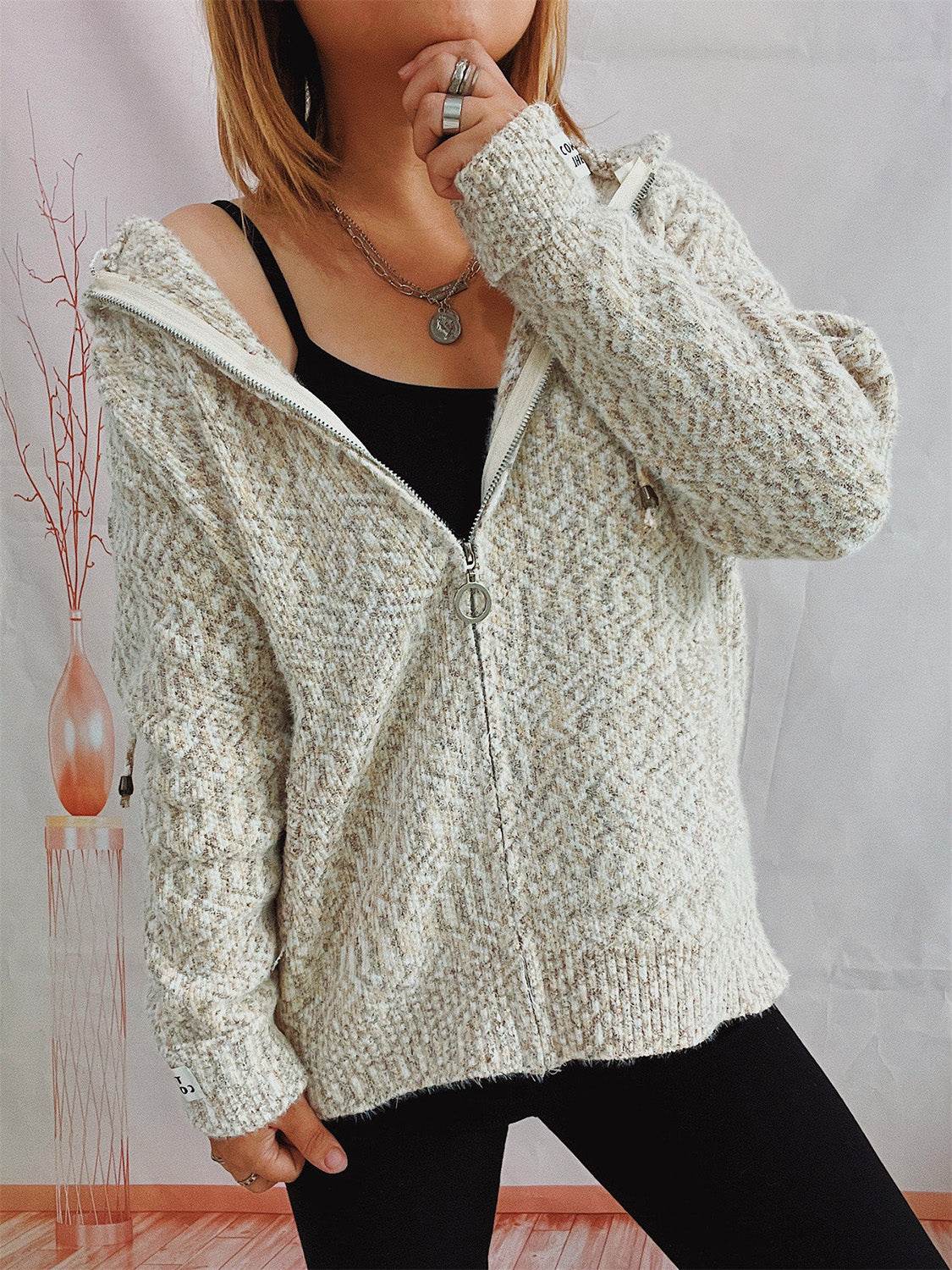 Zip Up Drawstring Long Sleeve Hooded Sweater - Delanoir