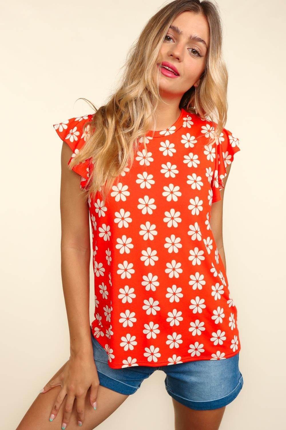 Haptics Round Neck Ruffled Floral Contrast Knit Top - Delanoir