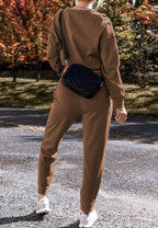 Side Slit Round Neck Long Sleeve Top and Pants Set - Delanoir
