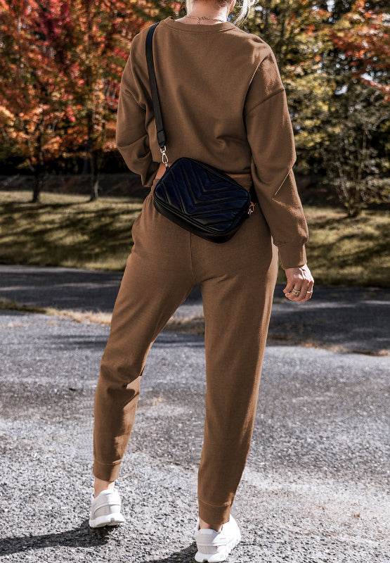 Side Slit Round Neck Long Sleeve Top and Pants Set - Delanoir