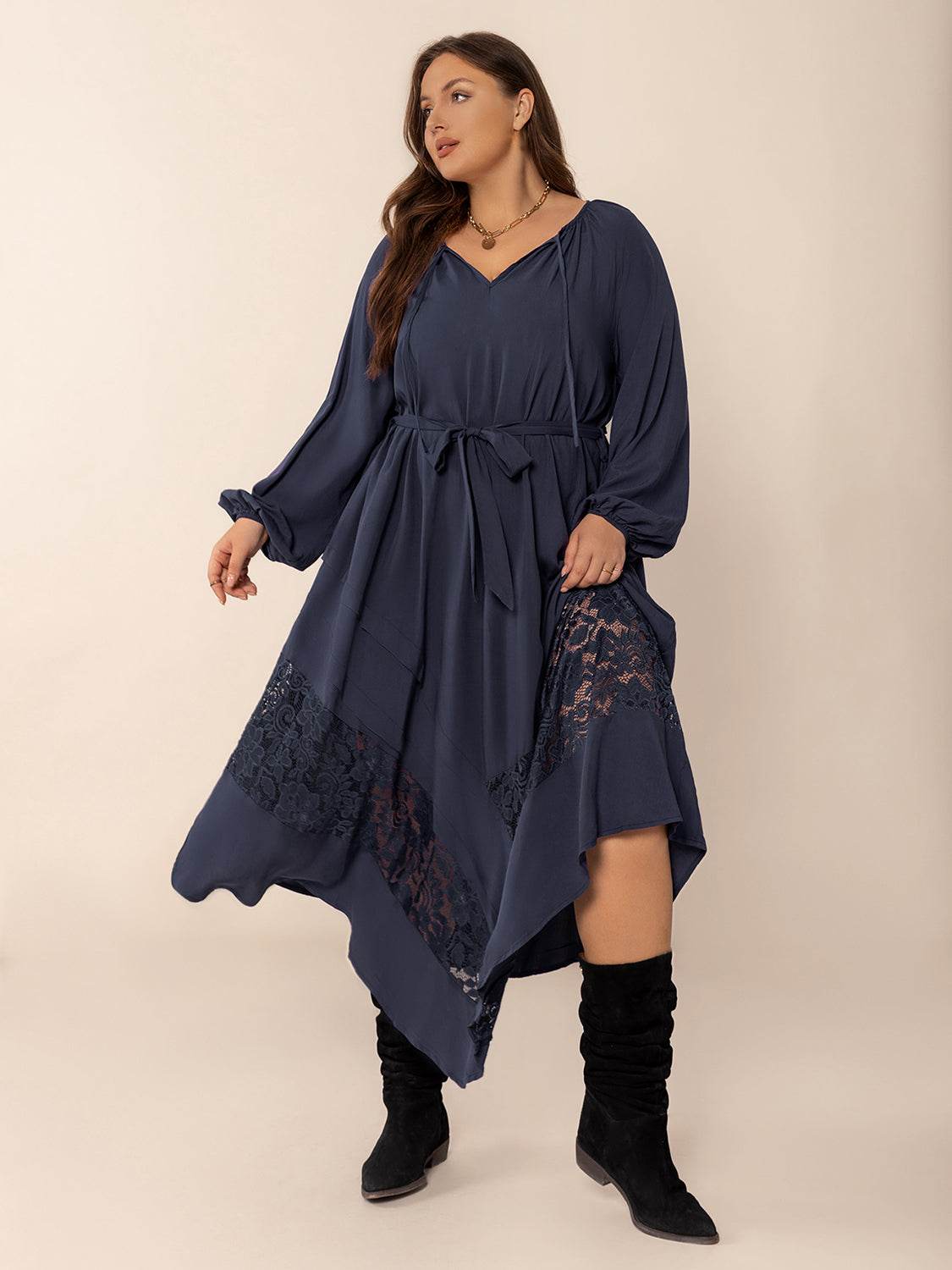Plus Size Lace Detail Tie Neck Long Sleeve Midi Dress - Delanoir