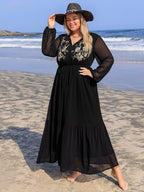 Plus Size Embroidered Tie Neck Long Sleeve Dress - Delanoir
