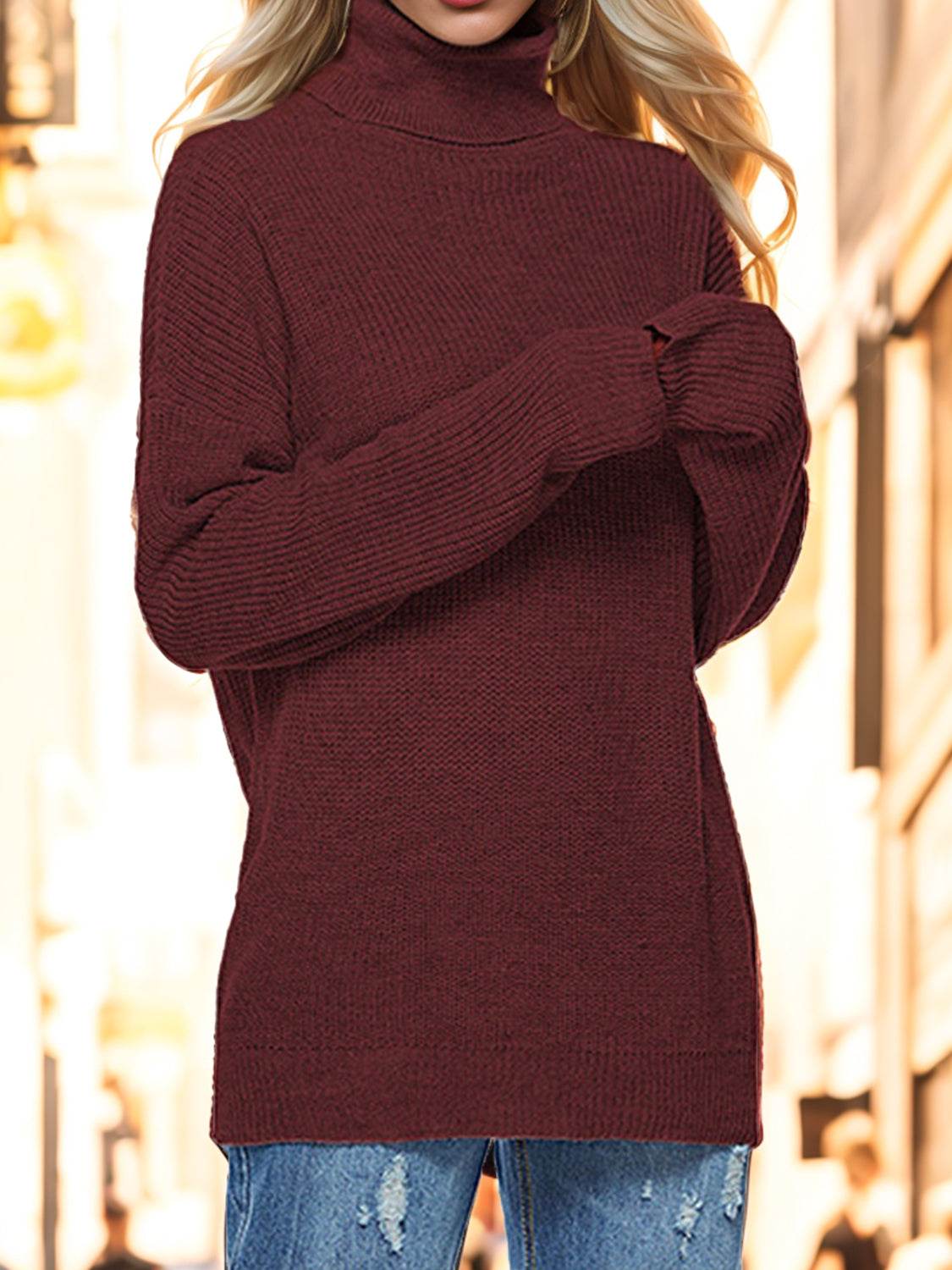 Turtleneck Drop Shoulder Long Sleeve Sweater - Delanoir